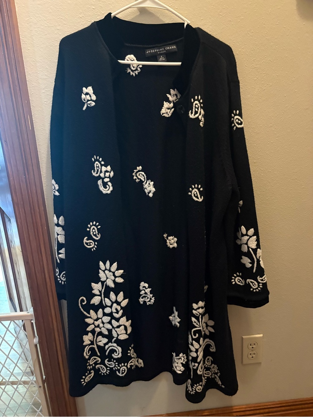 Josephine Chaus Black Cardigan with White Floral Embroidery